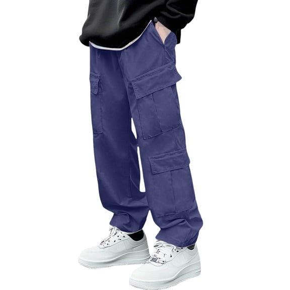 MIXUE Sweatpants for Men Solid Color Vintage Loose Casual Sport Pocket Work Straight Leg Trousers Cargo Pants Streetwear,Blue,S