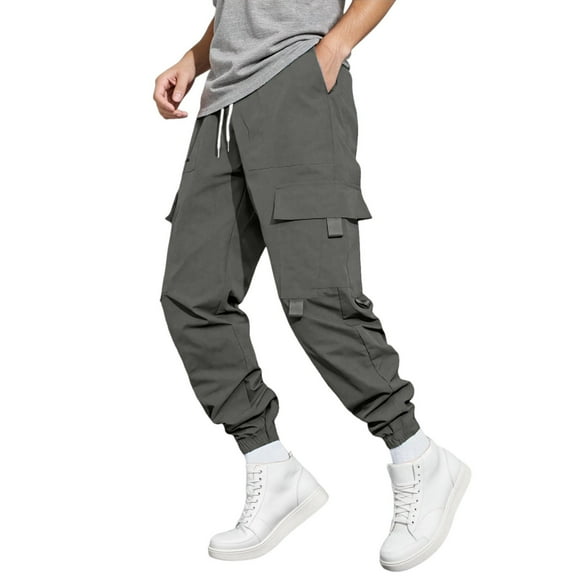 MIXUE Sweatpants for Men Summer Cargo Solid Color Elastic Waist Drawstring Pocket Casual Trousers Streetwear,Gray,XXL