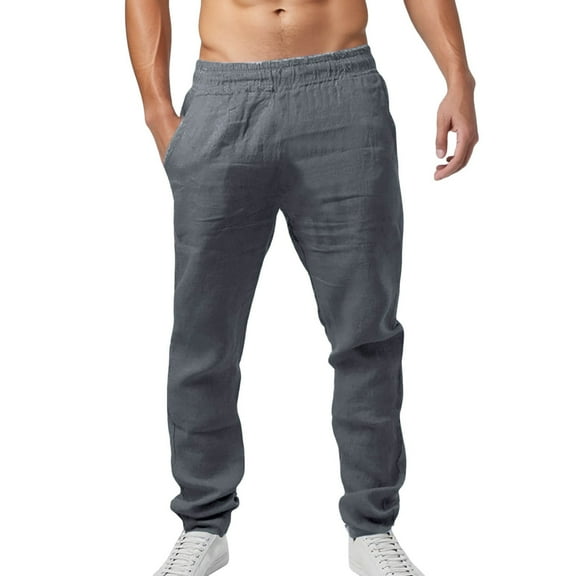 MIXUE Sweatpants for Men Summer Linen Solid Color Elastic Waist Slim Fit Casual Yoga Lightweight Trousers Daily-Wear,Gray,XL