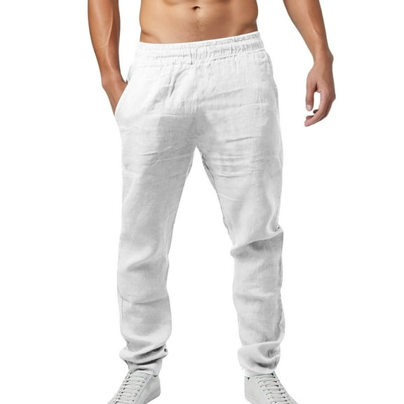 MIXUE Sweatpants for Men Summer Linen Solid Color Elastic Waist Slim Fit Casual Yoga Lightweight Trousers Daily-Wear,White,XL