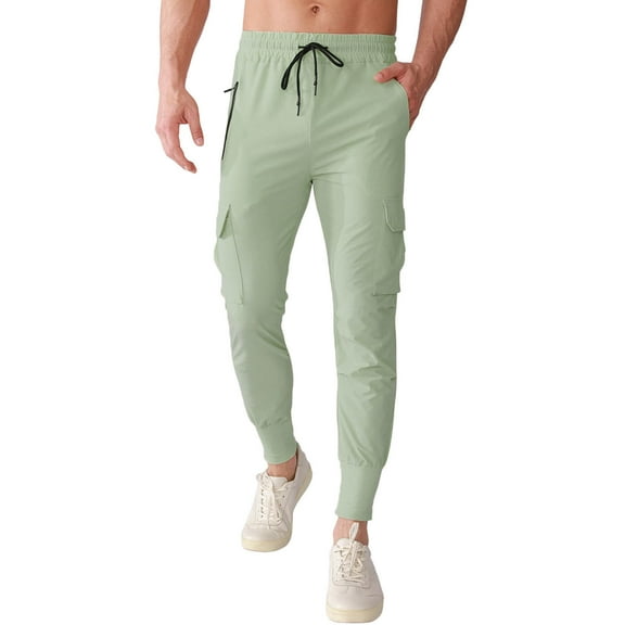 MIXUE Sweatpants for Men Summer Solid Color Elastic Waist Drawstring Slim Pocket Running Training Work Sports Trousers Sportwear,Green,S