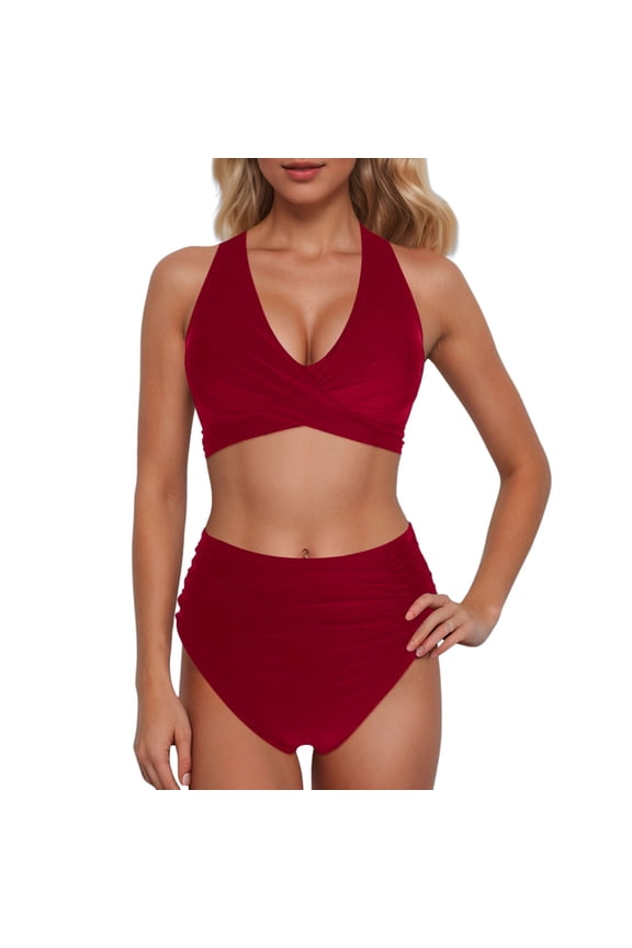 Swim Suits for Women Solid Color High Waisted Sexy Push Up Vintage Two Piece Retro Ruched High Waist Bikini Sets for Women Set Swimwears Bathing Suits,Red,XL