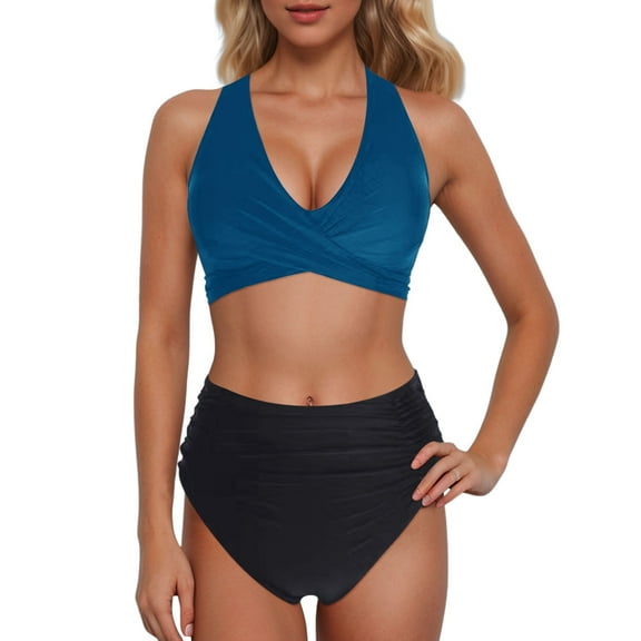 MIXUE Swim Suits for Women Solid Color High Waisted Sexy Push Up Vintage Two Piece Retro Ruched High Waist Bikini Sets for Women Set Swimwears Beachwear,Blue,M