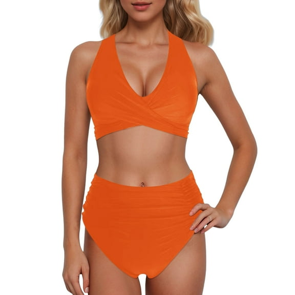 MIXUE Swim Suits for Women Solid Color High Waisted Sexy Push Up Vintage Two Piece Retro Ruched High Waist Bikini Sets for Women Set Swimwears Beachwear,Orange,M