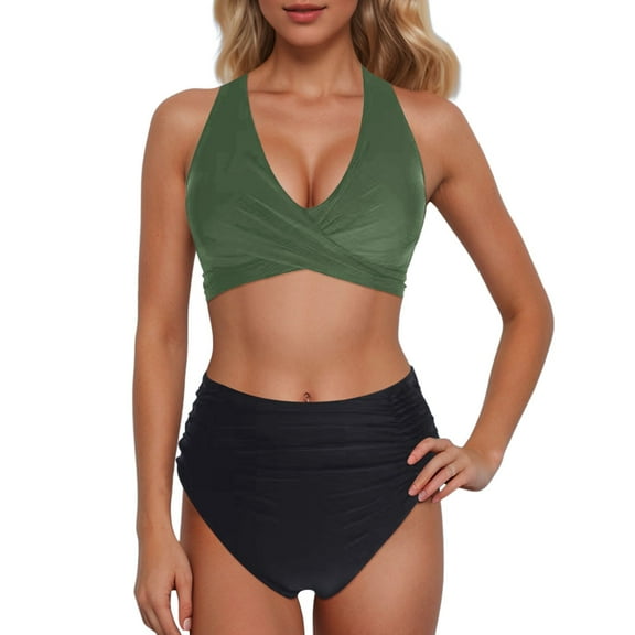 MIXUE Swim Suits for Women Solid Color High Waisted Sexy Push Up Vintage Two Piece Retro Ruched High Waist Bikini Sets for Women Set Swimwears Holiday Wear,Green,S