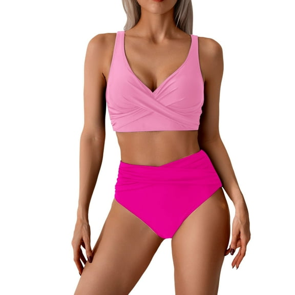 MIXUE Swim Suits for Women Solid Color Sexy Two Piece Bikini Sets for Women Belly Covering High Waist Bikini Sets for Women Swimwears Holiday Wear,Pink,L