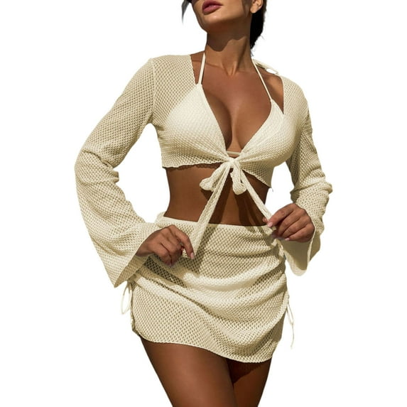 MIXUE Swim Suits for Women Solid Color Beach Vacation Four Piece Bikini Sets for Women Swimwears Holiday Wear,Beige,L