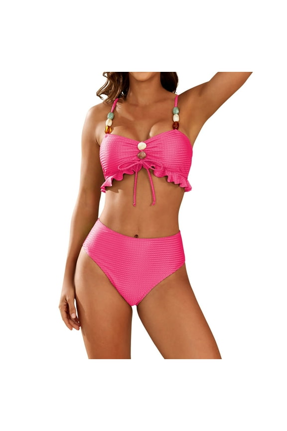 Swim Suits for Women Solid Color Beaded Rope Two Piece Woman Swimwears Bathing Suits,Pink,S