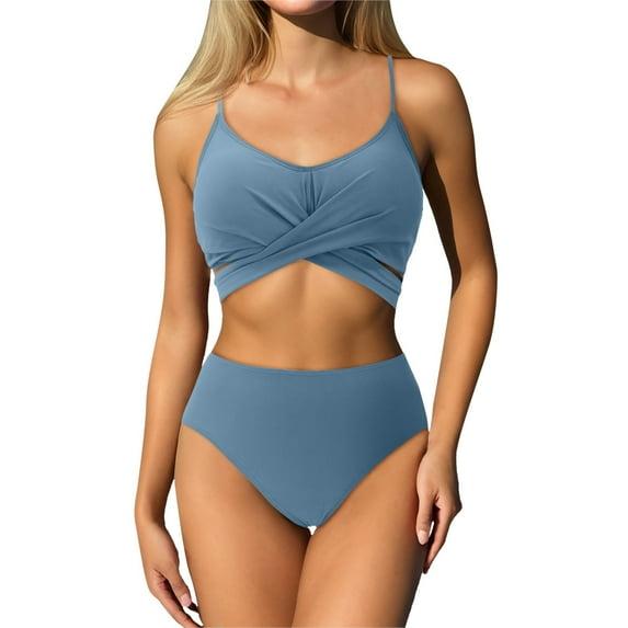 MIXUE Swim Suits for Women Solid Color Bikini Sets for Women Two Piece High Waisted Ruched Summer Swimwears Bathing Suits,Blue,XL