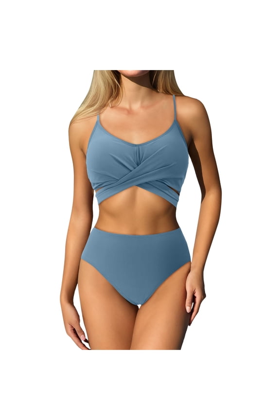 Swim Suits for Women Solid Color Bikini Sets for Women Two Piece High Waisted Ruched Summer Swimwears Bathing Suits,Blue,XL