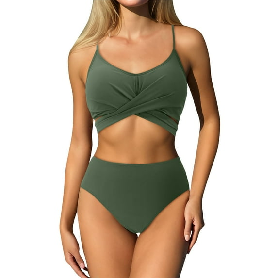 MIXUE Swim Suits for Women Solid Color Bikini Sets for Women Two Piece High Waisted Ruched Summer Swimwears Beachwear,Green,M