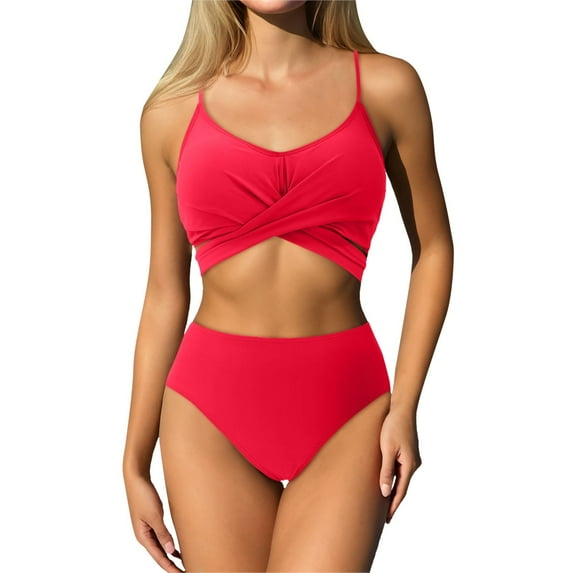 MIXUE Swim Suits for Women Solid Color Bikini Sets for Women Two Piece High Waisted Ruched Summer Swimwears Beachwear,Red,M