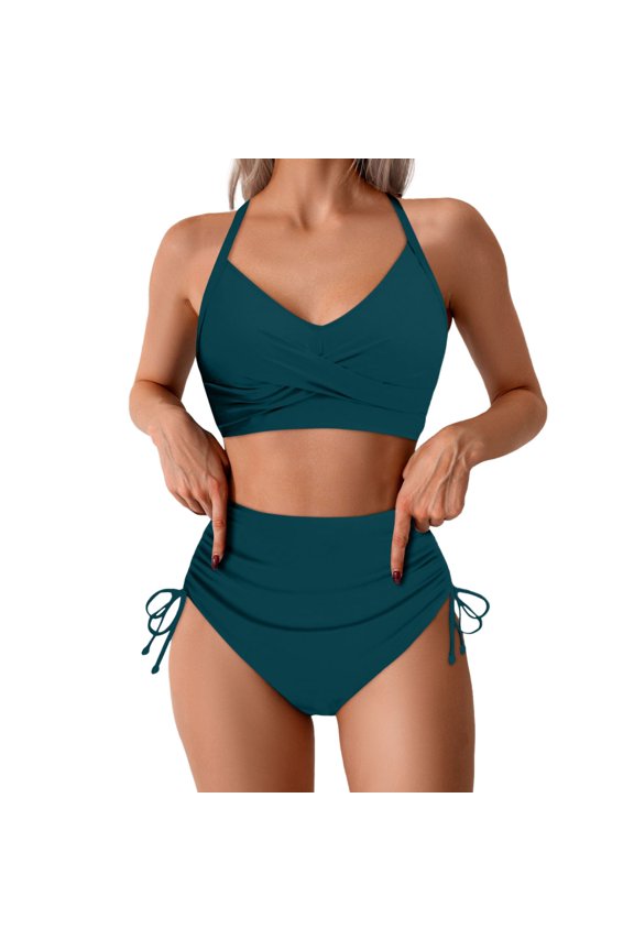 Swim Suits for Women Solid Color High Waisted Bikini Sets for Women Drawstring Crisscross Tie Back Swimwears Activewear,Yellow,M