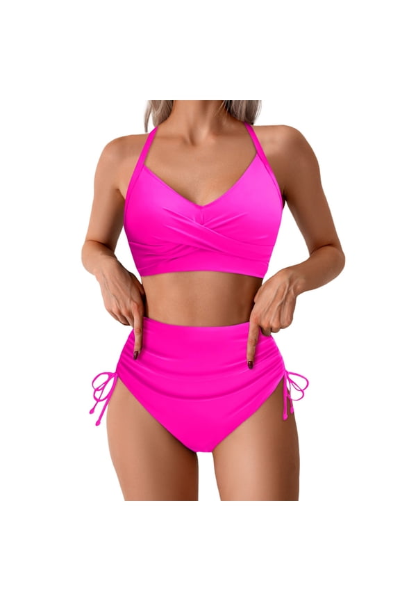 Swim Suits for Women Solid Color High Waisted Bikini Sets for Women Drawstring Crisscross Tie Back Swimwears Holiday Wear,Red,M
