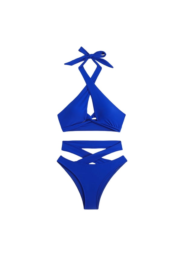 Swim Suits for Women Solid Color Neck Split Two Piece Backless Sexy Beach Swimwears Bathing Suits,Blue,M