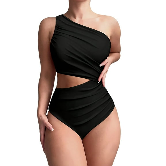 MIXUE Swim Suits for Women Solid Color One Shoulder Ruched Monokini Swimwears Beachwear,Black,M