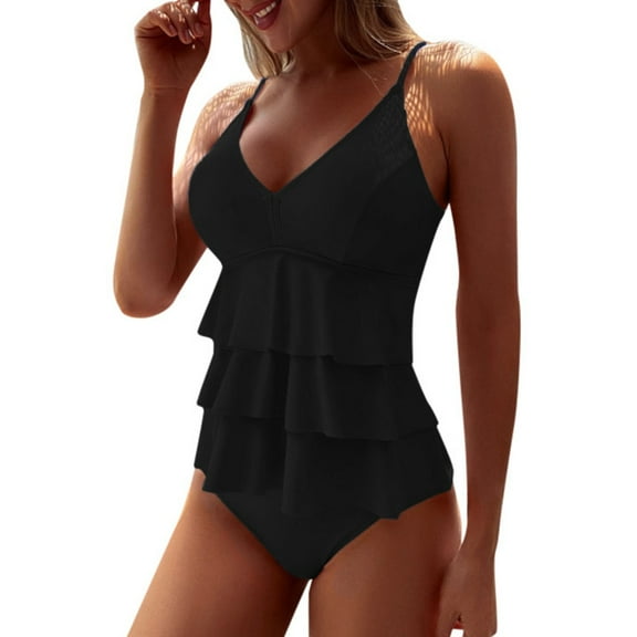 MIXUE Swim Suits for Women Solid Color Ruffled Strapless Bikini Sets for Women Set Two Piece With High Waist Shorts Swimwears Beachwear,Black,XL