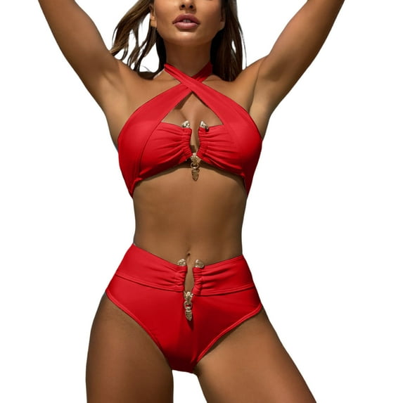 MIXUE Swim Suits for Women Solid Color Sexy High Waist Tube Top Split Swimwears Beachwear,Red,S
