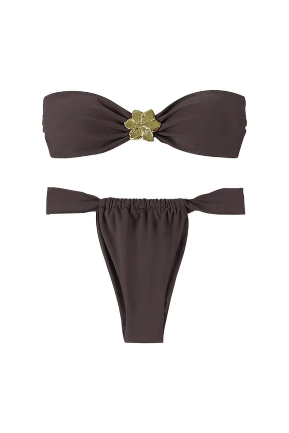 Swim Suits for Women Solid Color Strapless Sexy Two Piece Bikini Sets for Women Swimwears Beachwear,Brown,XS