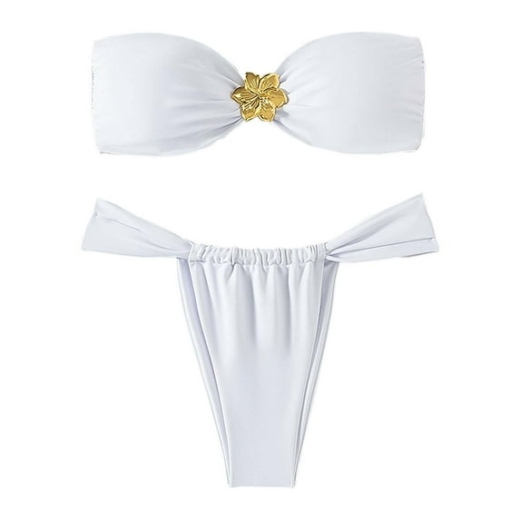MIXUE Swim Suits for Women Solid Color Strapless Sexy Two Piece Bikini Sets for Women Swimwears Holiday Wear,White,L