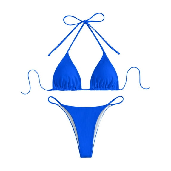 MIXUE Swim Suits for Women Summer Solid Color Lace Up Halter Brassiere With Thongs Two Piece Bikini Set Swimwears Holiday Wear,Blue,M