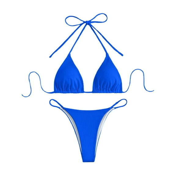 MIXUE Swim Suits for Women Summer Solid Color Lace Up Halter Brassiere With Thongs Two Piece Bikini Set Swimwears Holiday Wear,Blue,M