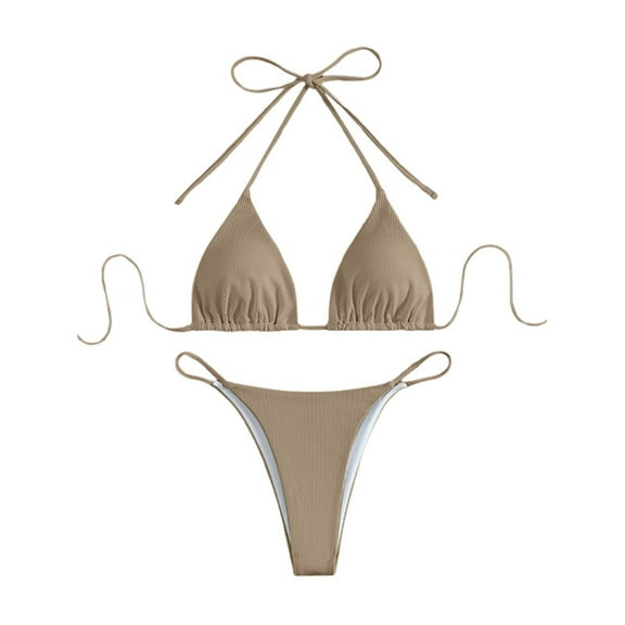 MIXUE Swim Suits for Women Summer Solid Color Lace Up Halter Brassiere With Thongs Two Piece Bikini Set Swimwears Holiday Wear,Brown,XL