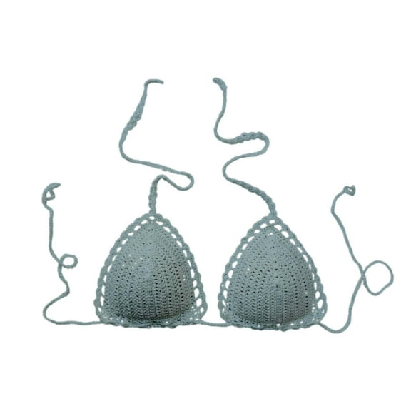 MIXUE Swim Suits for Women Summer Solid Color Lined Lace Up Halter Casual Handmade Crochet Bikini Top Swimwears Activewear,Gray,S