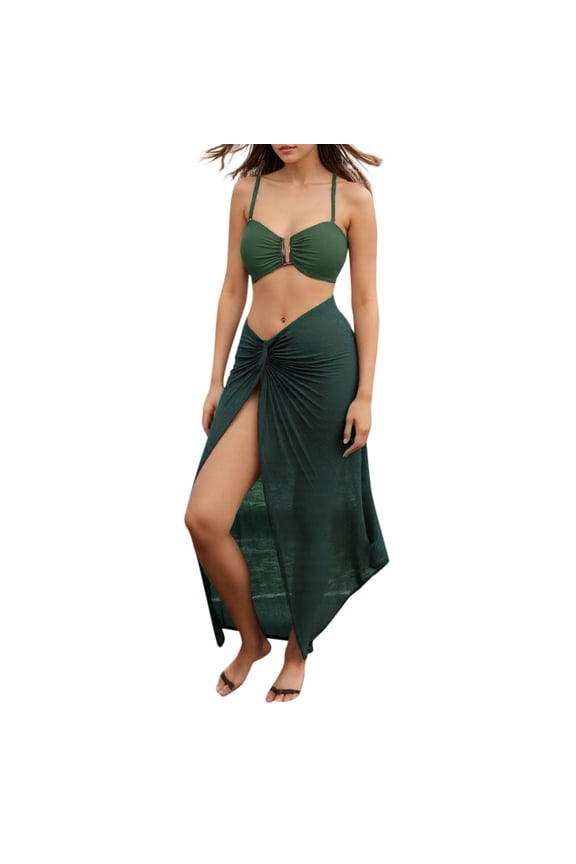 Swim Suits for Women Summer Solid Color Spaghetti Strap Brassiere With Thongs Maxi Skirt Three Piece Bikini Bathing Suits,Green,S