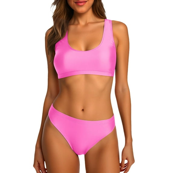 MIXUE Swim Suits for Women Summer Solid Color Strappy Square Collar Seamless Bra And Panty Set Sports Two Piece Tankini Holiday Wear,Pink,XXL