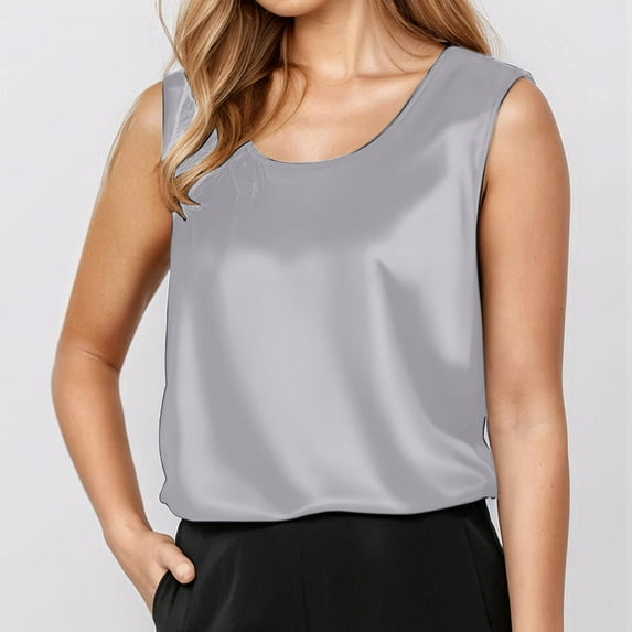 MIXUE Tank Top for Women Summer Silk Solid Color Round Neck Sleeveless Fashion Camisole Vest Beachwear,Gray,XXXL