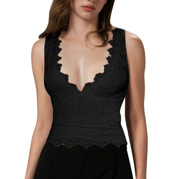 MIXUE Tank Top for Women Summer Solid Color Floral Lace V Neck Sleeveless Slim Fit Casual Night Out Camisole Vest Womens Tank Tops Beachwear,Black,M