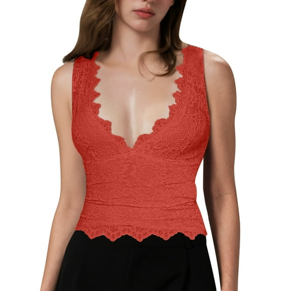 MIXUE Tank Top for Women Summer Solid Color Floral Lace V Neck Sleeveless Slim Fit Casual Night Out Camisole Vest Womens Tank Tops Streetwear,Red,L
