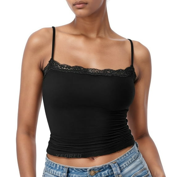 MIXUE Tank Top for Women Summer Solid Color Lace Square Collar Sexy Sleeveless Camisole Vest Daily-Wear,Black,L