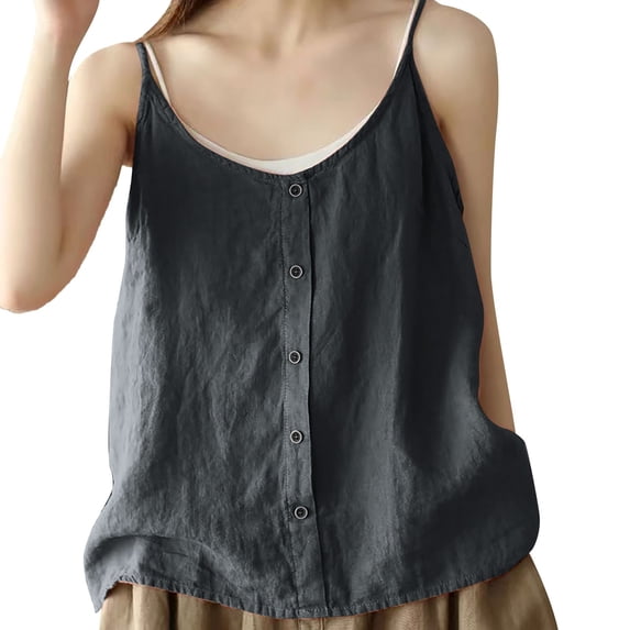 MIXUE Tank Top for Women Summer Solid Color Linen Button Down Vintage Camisole Vest Sportwear,Brown,L