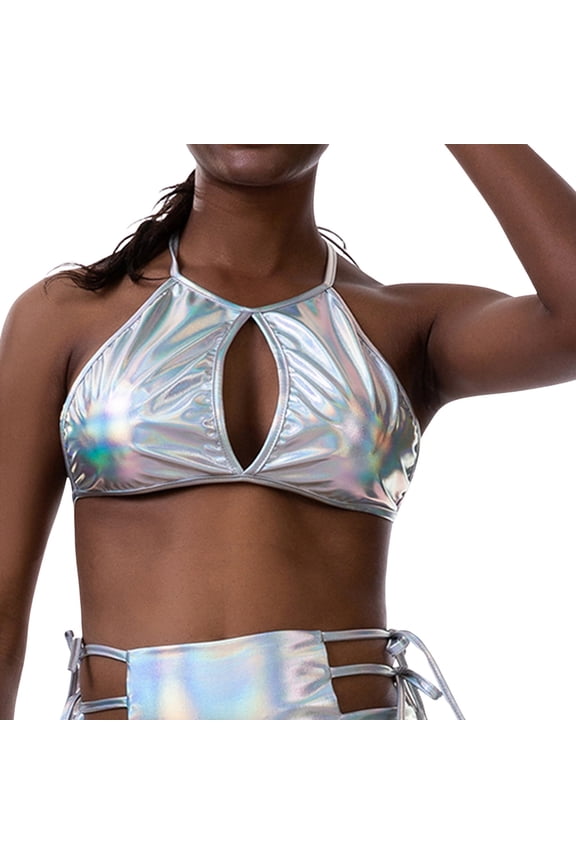 Tank Top for Women Summer Solid Color Shiny Sexy Beach Swimsuit Stage Nightclub Performance Dance Show Camisole Vest Outwear,Silver,XXL