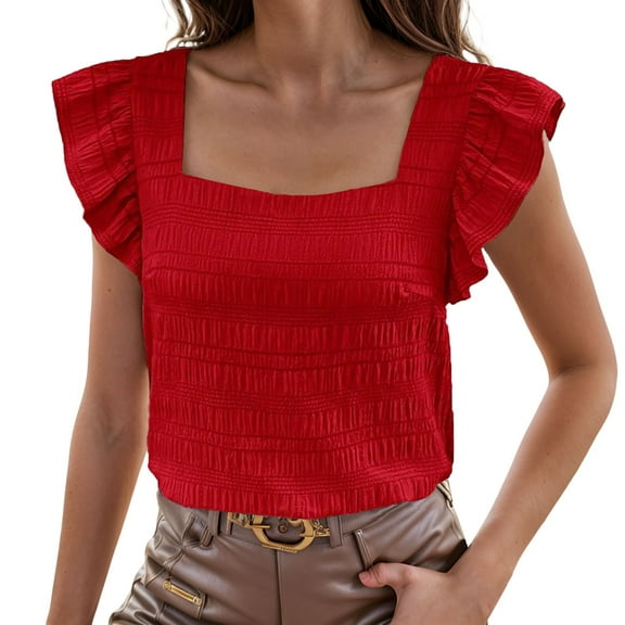 MIXUE Tank Top for Women Summer Solid Color Square Neck Ruffled Sleeve Pleated Flowy Dressy Casual Camisole Vest Activewear,Red,XXL