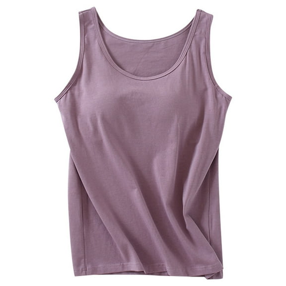 MIXUE Tank Top for Women Summer Solid Color With Built In Bras Casual Crew Neck Sleeveless Plus Size Padded Workout Camisole Vest Outwear,Purple,XXXL
