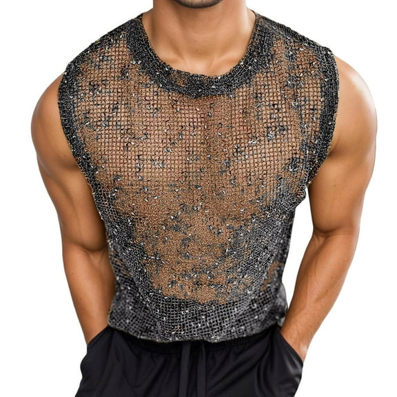 MIXUE Tank Tops Men Summer Mesh Solid Color Round Neck Sleeveless Loose Fit Casual Gym Workout Vest Sportswear,Black,L