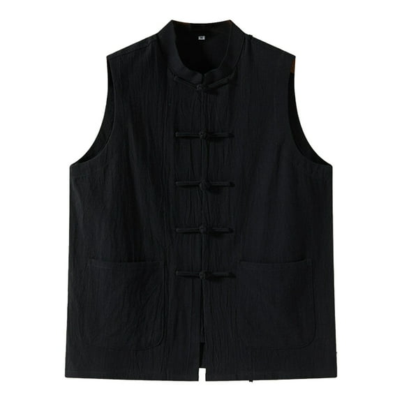 MIXUE Tank Tops Men Summer Solid Color Round Neck Button Sleeveless Casual Vest Daily-Wear,Black,L
