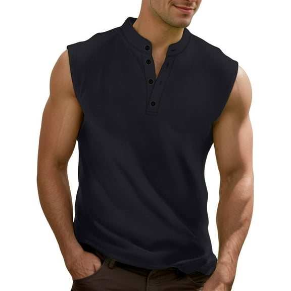 MIXUE Tank Tops Men Summer Solid Color V Neck Button Down Sleeveless Casual Workout Loose Fit Muscle Vest Daily-Wear,Black,XXL