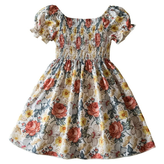 MIXUE Toddler Girls Casual Dresses Floral Print Square Collar Short Puff Sleeve A Line Slim Dress Streetwear,Brown,6-7 Years