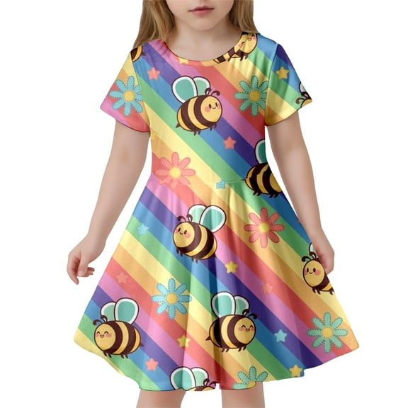 MIXUE Toddler Girls Casual Dresses Kids Summer Bee Festival Rainbow Print Crew Neck Short Sleeve A Line Slim Fashion Casual Dress Streetwear,Multicolor,8-9 Years