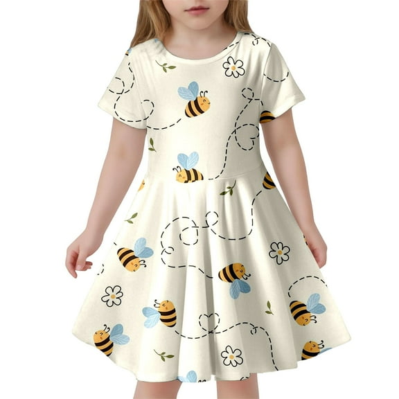 MIXUE Toddler Girls Casual Dresses Kids Summer Cute Bee Festival Print Crew Neck Short Sleeve Slim A Line Casual Dress Activewear,Yellow,8-9 Years