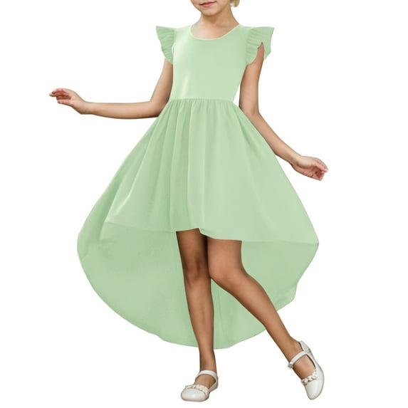 MIXUE Toddler Girls Casual Dresses Kids Summer Solid Color Crew Neck Fly Sleeve Formal A Line Slim Dress Outwear,Green,5-6 Years