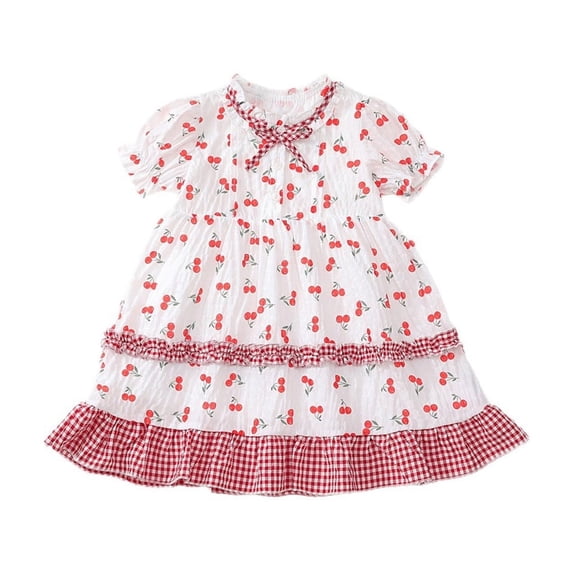 MIXUE Toddler Girls Casual Dresses Summer Cherry Print Crew Neck Short Sleeve Dance Party A Line Dress Beachwear,Red,2-3 Years