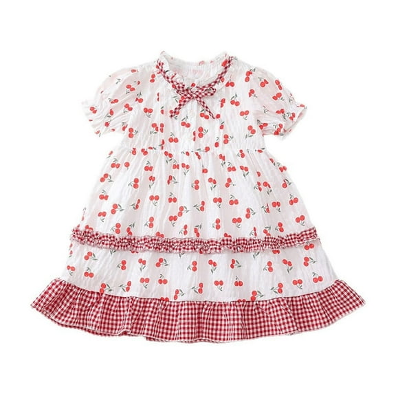 MIXUE Toddler Girls Casual Dresses Summer Cherry Print Crew Neck Short Sleeve Dance Party A Line Dress Outwear,Red,3-4 Years
