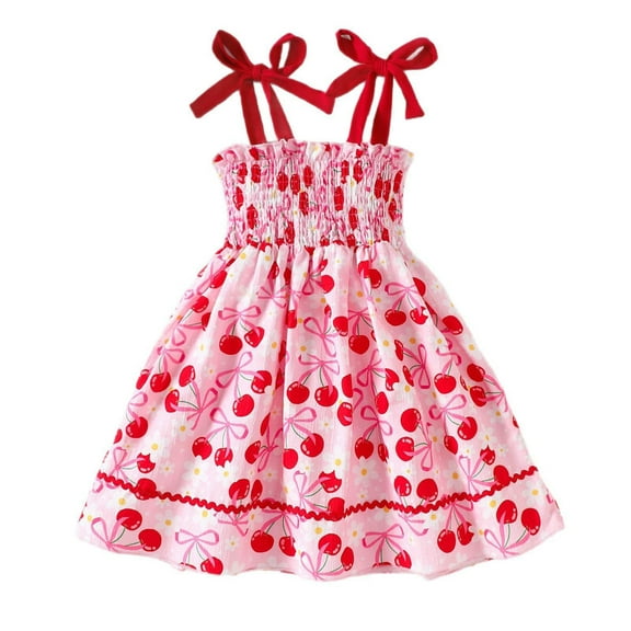 MIXUE Toddler Girls Casual Dresses Summer Cherry Print Spaghetti Strap Sleeveless A Line Dance Party Dress Activewear,Red,4-5 Years