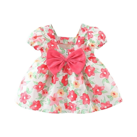 MIXUE Toddler Girls Casual Dresses Summer Cute Floral Square Collar Short Sleeve Slim A Line Casual Dress Beachwear,Pink,2-3 Years