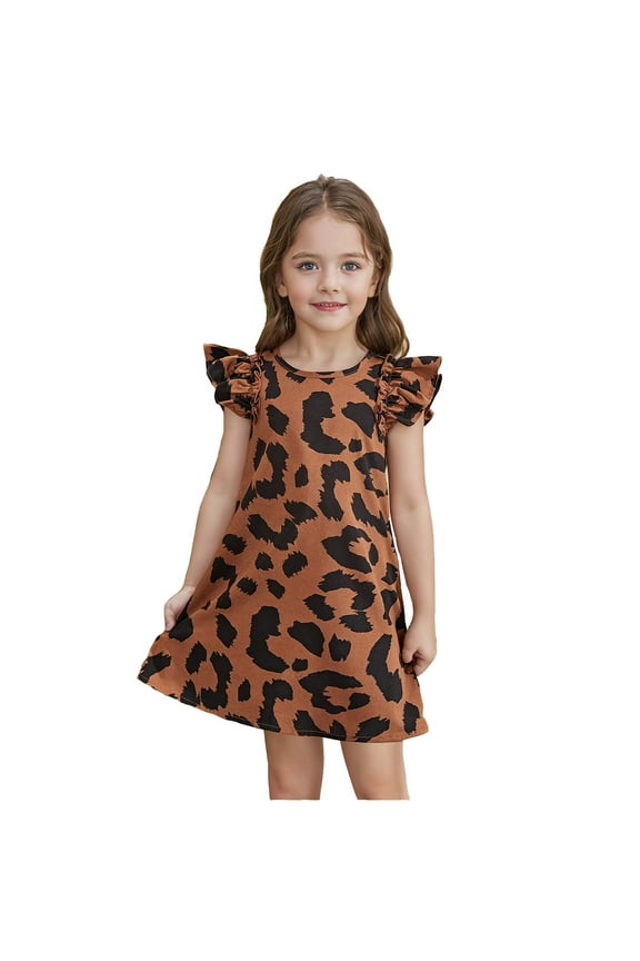Toddler Girls Casual Dresses Summer Leopard Print Round Neck Fly Sleeve Loose Fit Casual A Line Dress Streetwear,Brown,3-4 Years